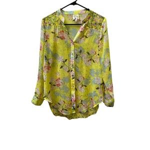 Fig & Flower neon green flowered sheer long‎ sleeve blouse size Small
